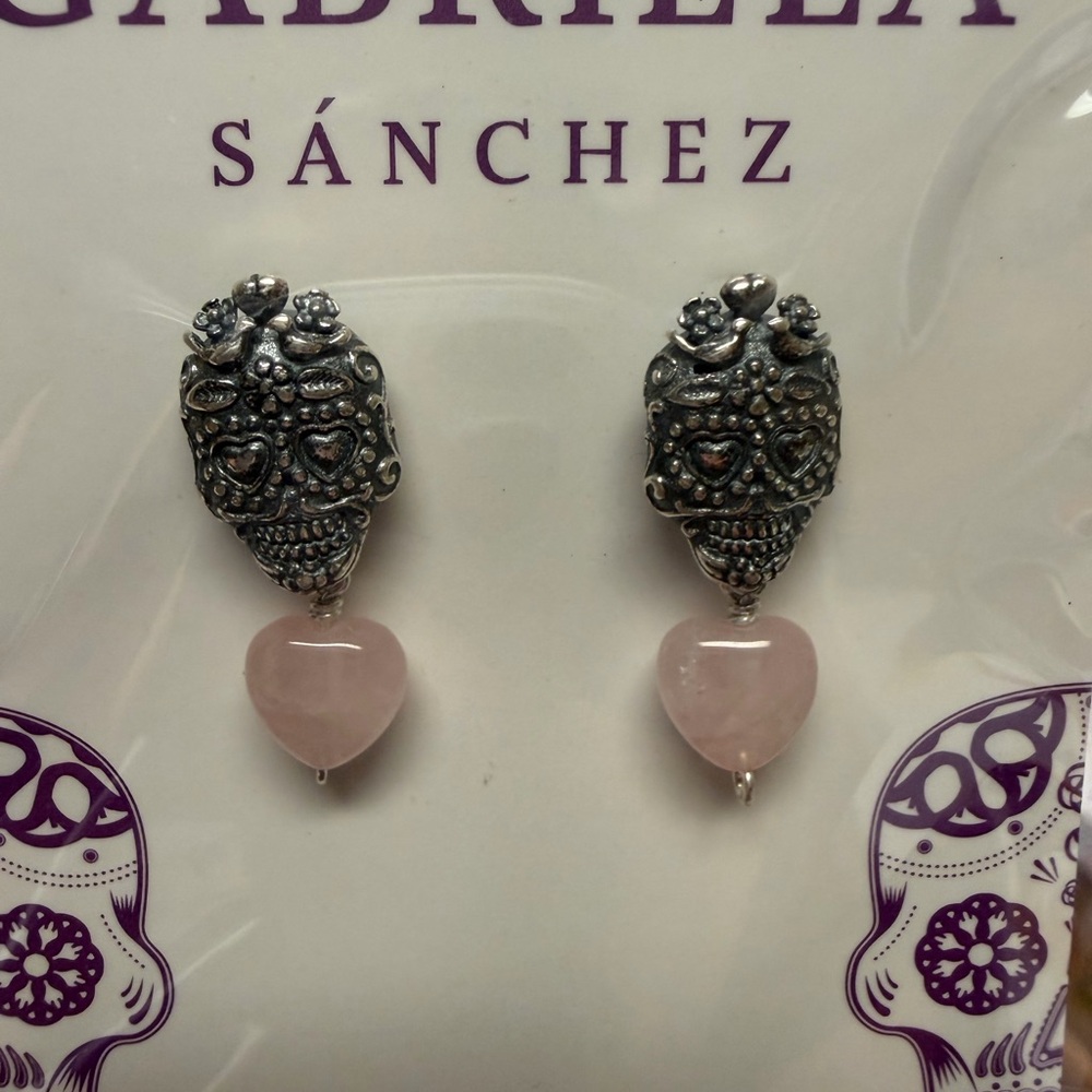 925 Sterling Silver Sugar Skull Earrings with Pink quartz heart Drops